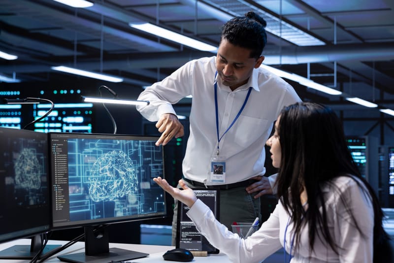 Forensic examiners reviewing recovered computer data on monitors in a data centre